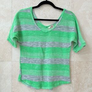 Eyeshadow Lime Green Striped Crochet Knit Top V-Neck Short Sleeve Small